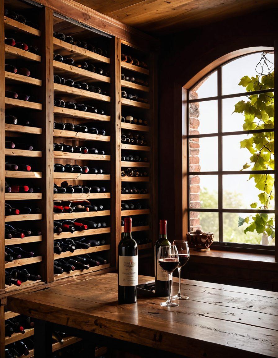 A beautiful wine cellar filled with elegant wooden racks holding an assortment of exquisite wine bottles. In the foreground, a skilled sommelier elegantly curates a selection, accentuating the deep hues of red and white wine. Soft ambient light filters through, casting a warm glow over the scene, with grapevines visible through a window. Include artistic elements like a vintage corkscrew and a glass of swirling wine on a rustic wooden table. super-realistic. vibrant colors. warm tones.