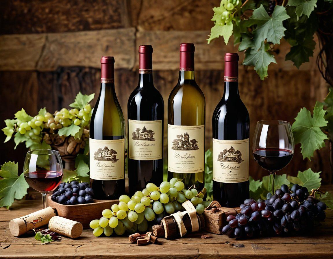 A beautifully set rustic wooden table featuring an assortment of antique wine bottles, corks, and elegant glassware. Scattered around are vintage wine-related collectibles like corkscrews and glass decanters, integrated with lush greenery and grapes. Soft, warm lighting casts a nostalgic glow, highlighting the intricate details of the antiques. A backdrop of an old vineyard landscape, blending the past and present of wine heritage. super-realistic. warm tones. vintage style.