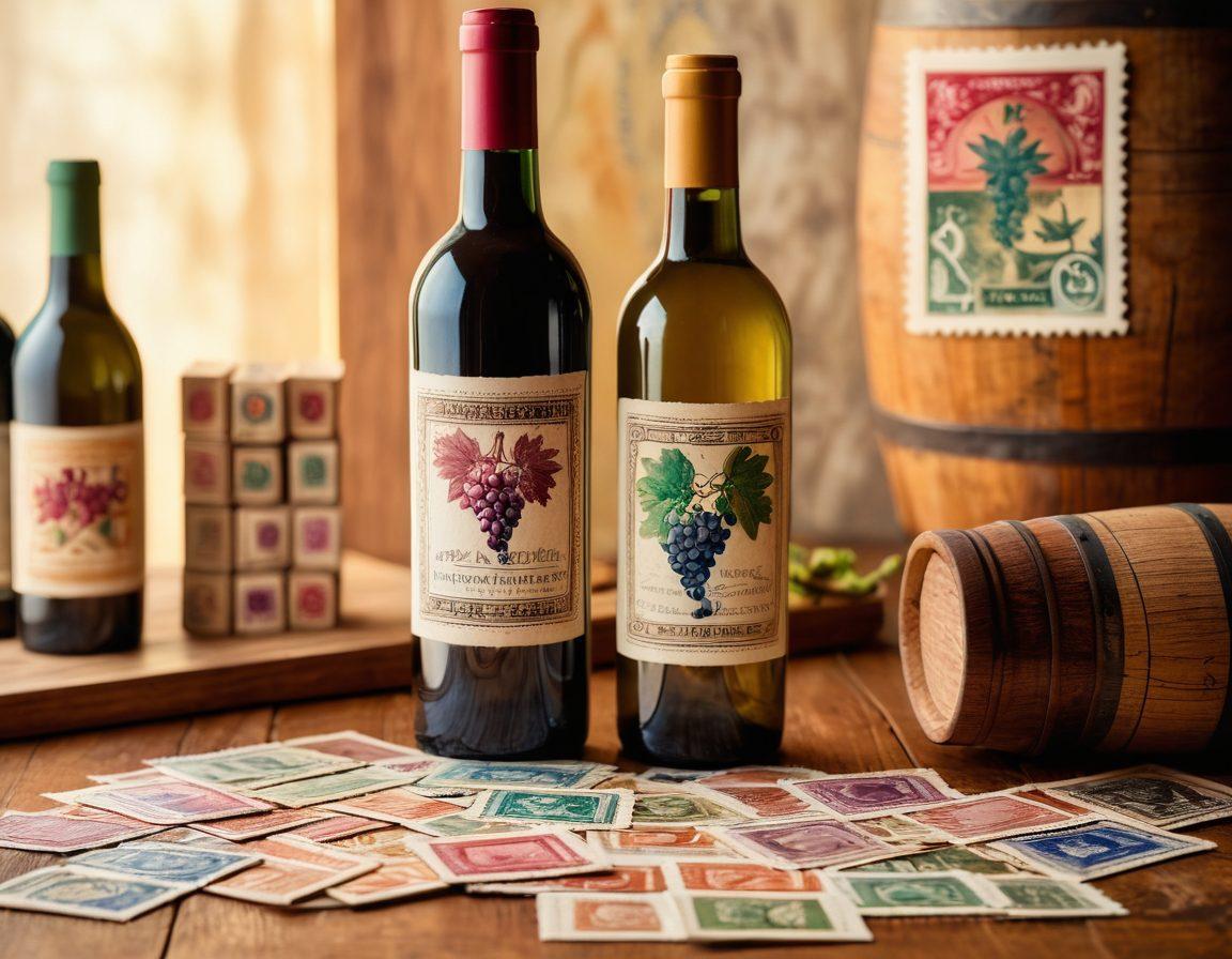 A vintage wine bottle elegantly placed next to an array of colorful, antique stamps featuring vineyard motifs and grapevines. The background includes blurred images of wine barrels and a rustic wooden table, embodying a warm, inviting atmosphere of history and craftsmanship. Soft golden light filters through, casting subtle shadows. retro aesthetic. warm colors. soft focus.